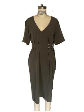 FOREVER 21 Olive Green Silky BELTED V-neck Surplus Shift Dress *SMALL* NWT